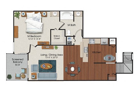1 Bedroom b 1 Bath Floor Plan at Water's Edge Apartments, Florida, 33351